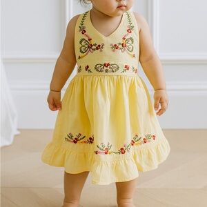 Blueberi Boulevard Yellow Embroidered Toddler Dress with Bow Back (1046)